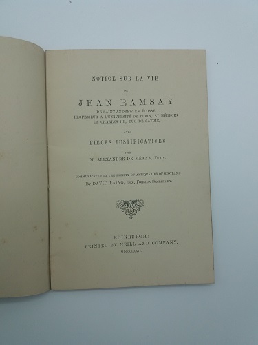 Notice sur la vie de Jean Ramsay de Saint Andrew en Ecosse, professeur a l'Université de Turin et medecin de Charles III
